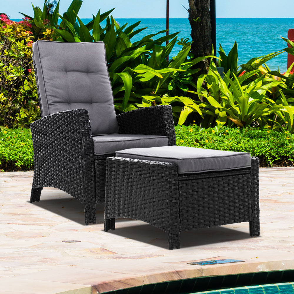 Sun lounge Recliner Chair Wicker Lounger Sofa Day Bed Outdoor Furniture Patio Garden Cushion Ottoman Black Gardeon-7