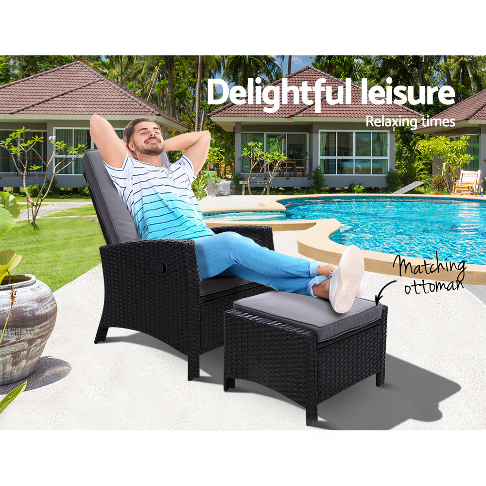 Sun lounge Recliner Chair Wicker Lounger Sofa Day Bed Outdoor Furniture Patio Garden Cushion Ottoman Black Gardeon-8