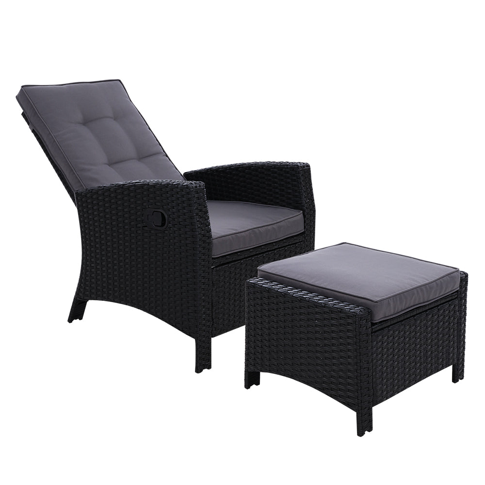 Sun lounge Recliner Chair Wicker Lounger Sofa Day Bed Outdoor Furniture Patio Garden Cushion Ottoman Black Gardeon-0