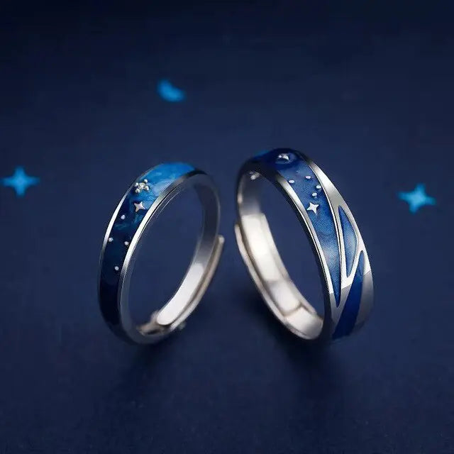 JWER Blue Drop Glaze Sun Moon Couple Rings