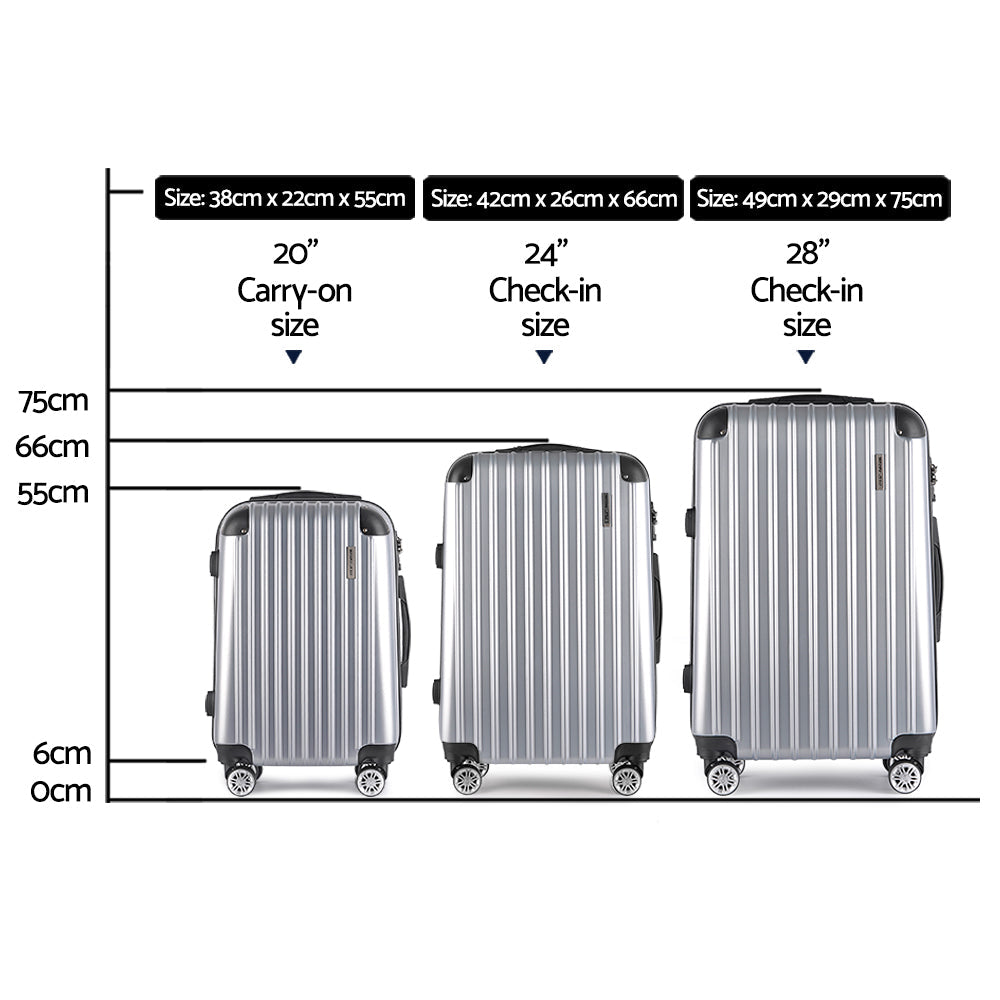 Wanderlite 3pc Luggage Sets Trolley Travel Suitcases TSA Hard Case Silver-1