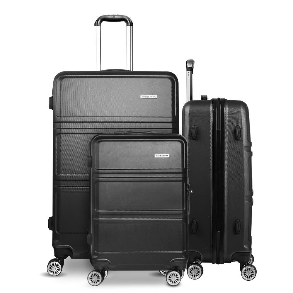 Wanderlite 3pc Luggage Trolley Set Suitcase Travel TSA Hard Case Black-2