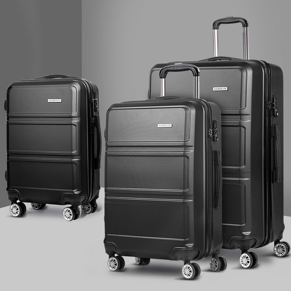 Wanderlite 3pc Luggage Trolley Set Suitcase Travel TSA Hard Case Black-6