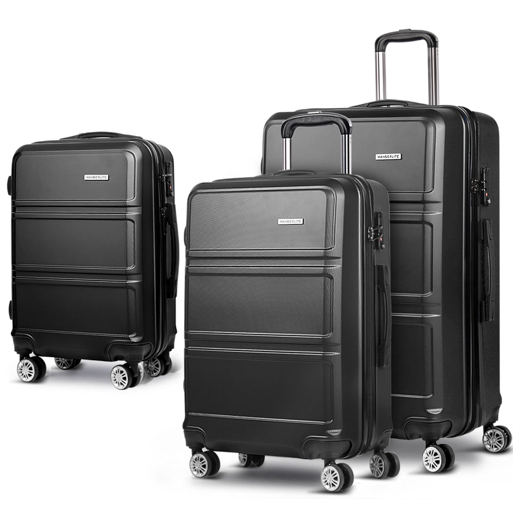 Wanderlite 3pc Luggage Trolley Set Suitcase Travel TSA Hard Case Black-0