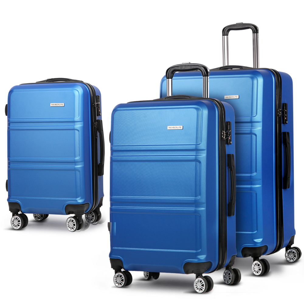 Wanderlite 3pc Luggage Trolley Set Suitcase Travel TSA Hard Case Blue-0