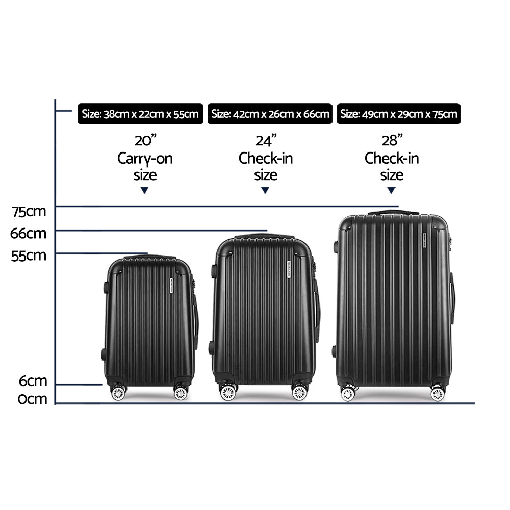 Wanderlite 3pcs Luggage Set Travel Suitcase Storage Organiser TSA Black-1