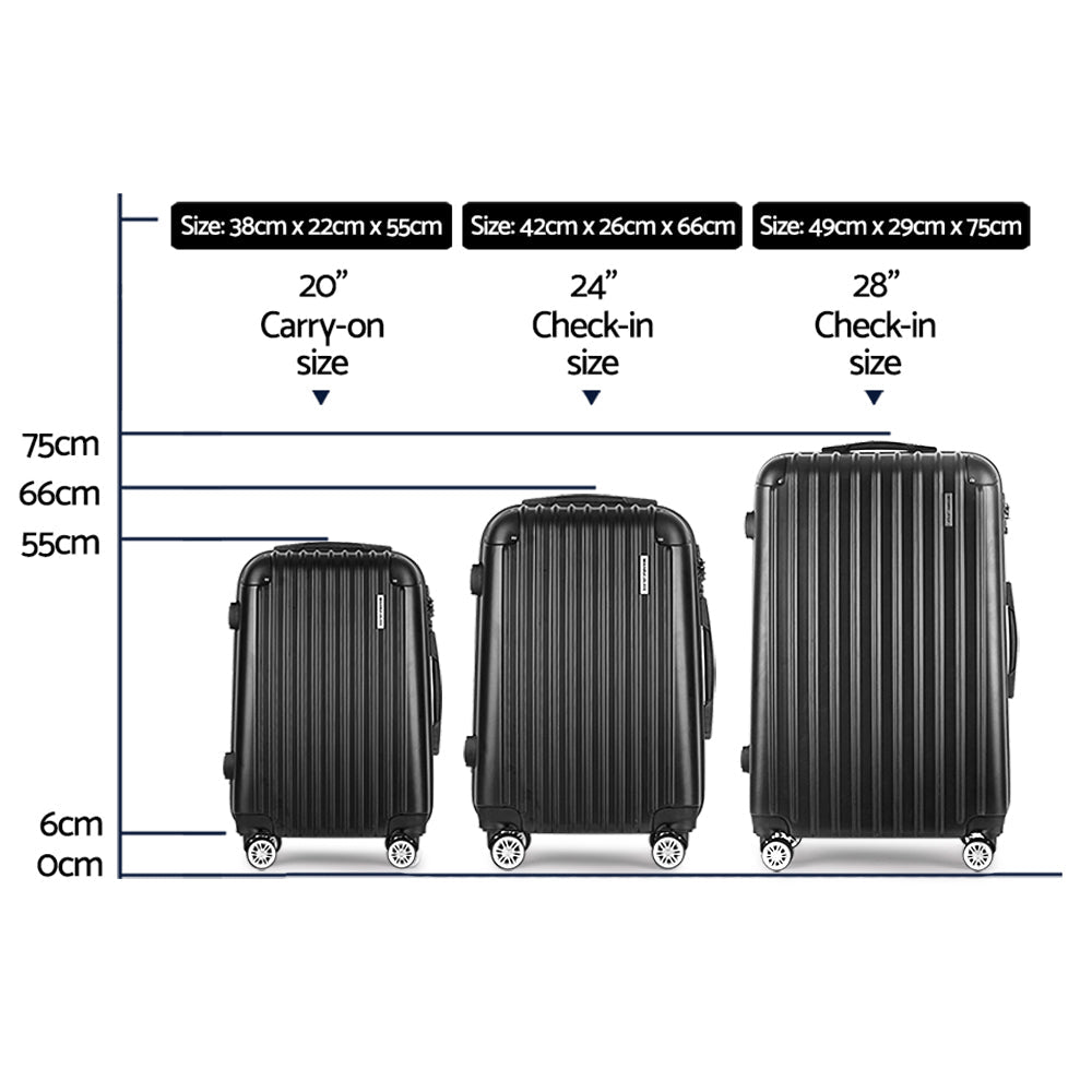 Wanderlite 3pcs Luggage Trolley Set Travel Suitcase Hard Case Carry On Bag Black-1