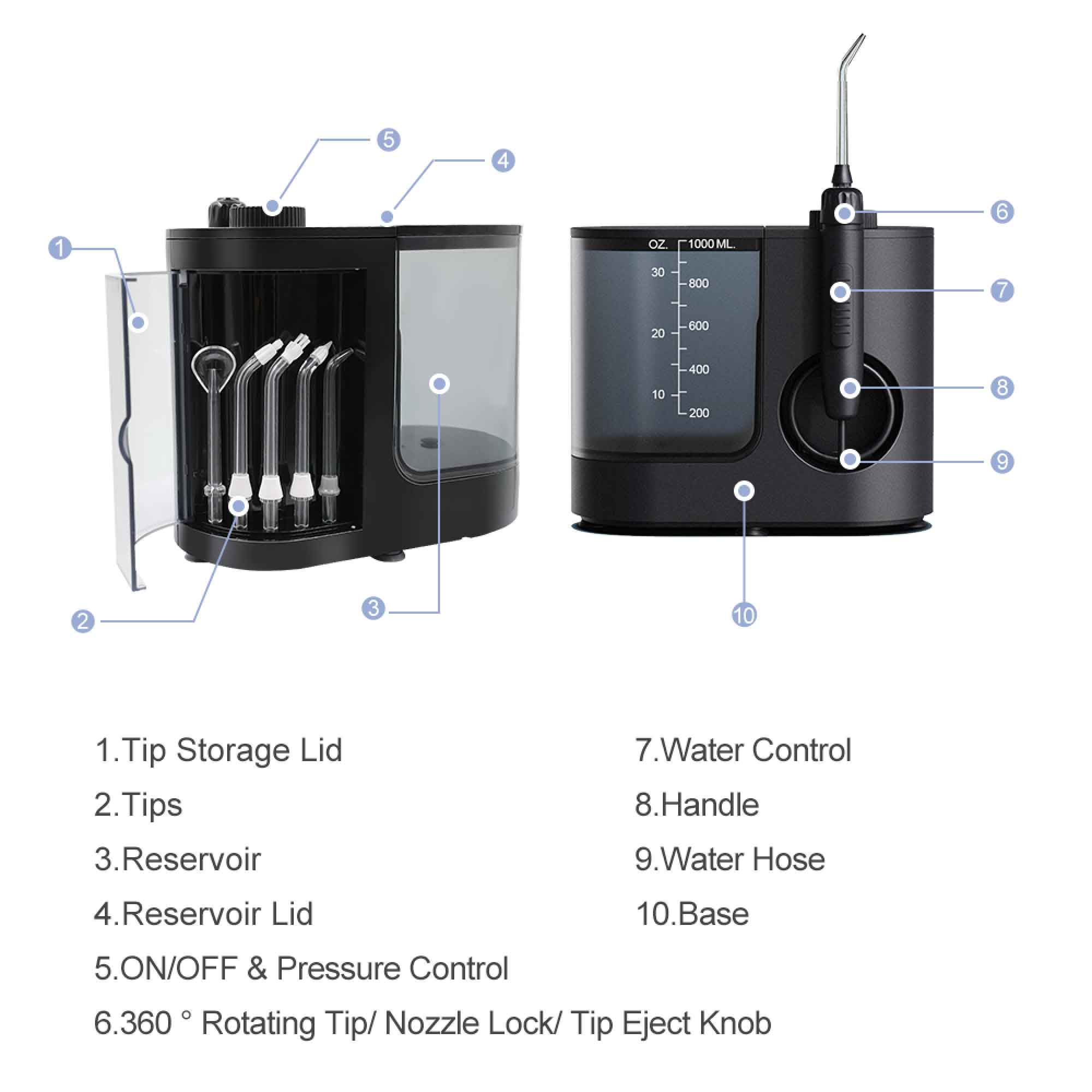 Water Jet Dental Flosser 1000ml Black - Electric Oral Pressure Irrigator-5