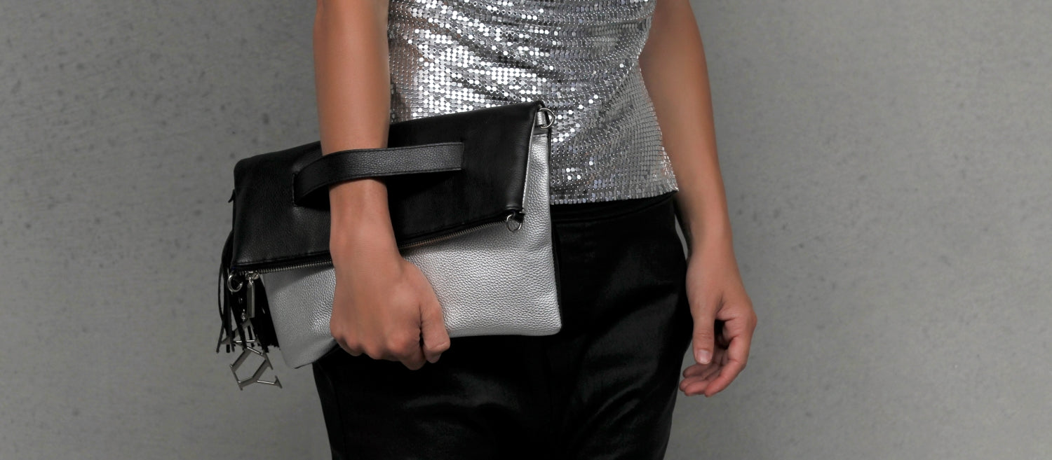 Womens Vky Original Lourve Clutch Classic Leather Bag Handbag- Black/Matt Silver-3