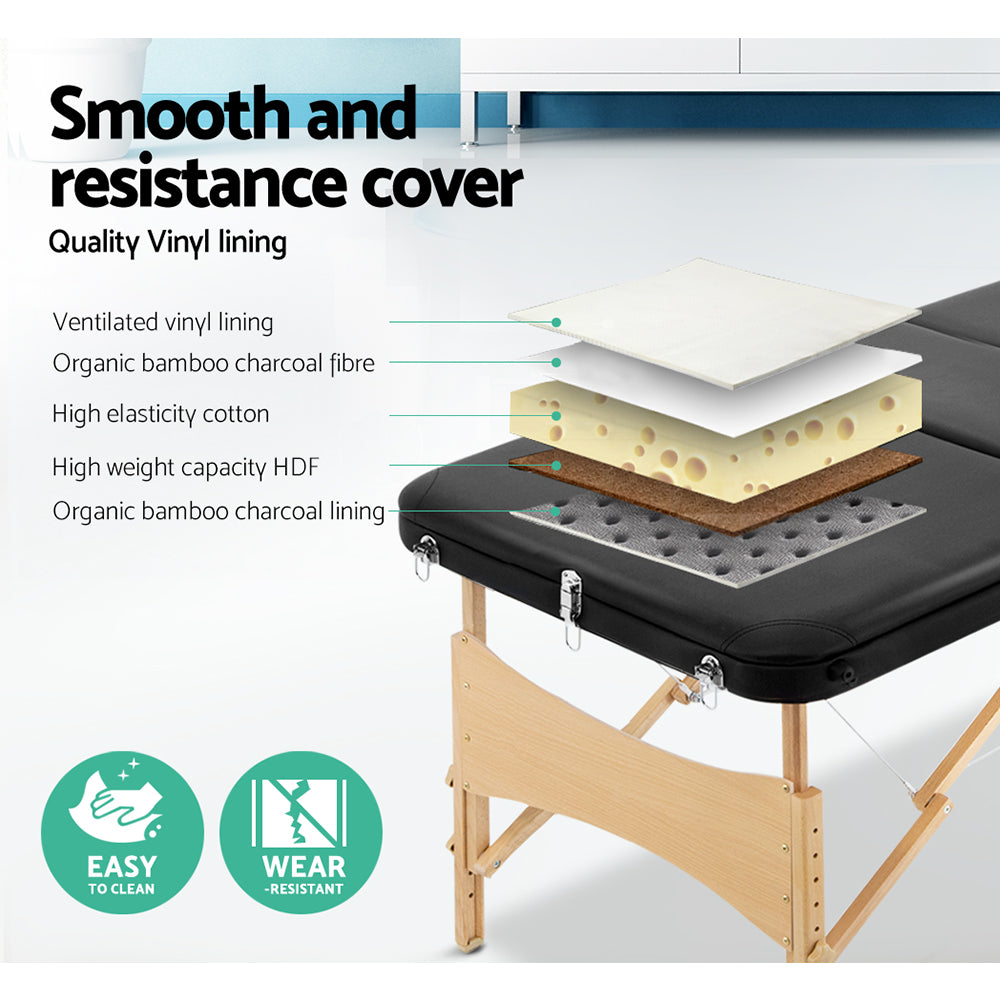 Zenses 60cm Wide Portable Wooden Massage Table 3 Fold Treatment Beauty Therapy Black-3