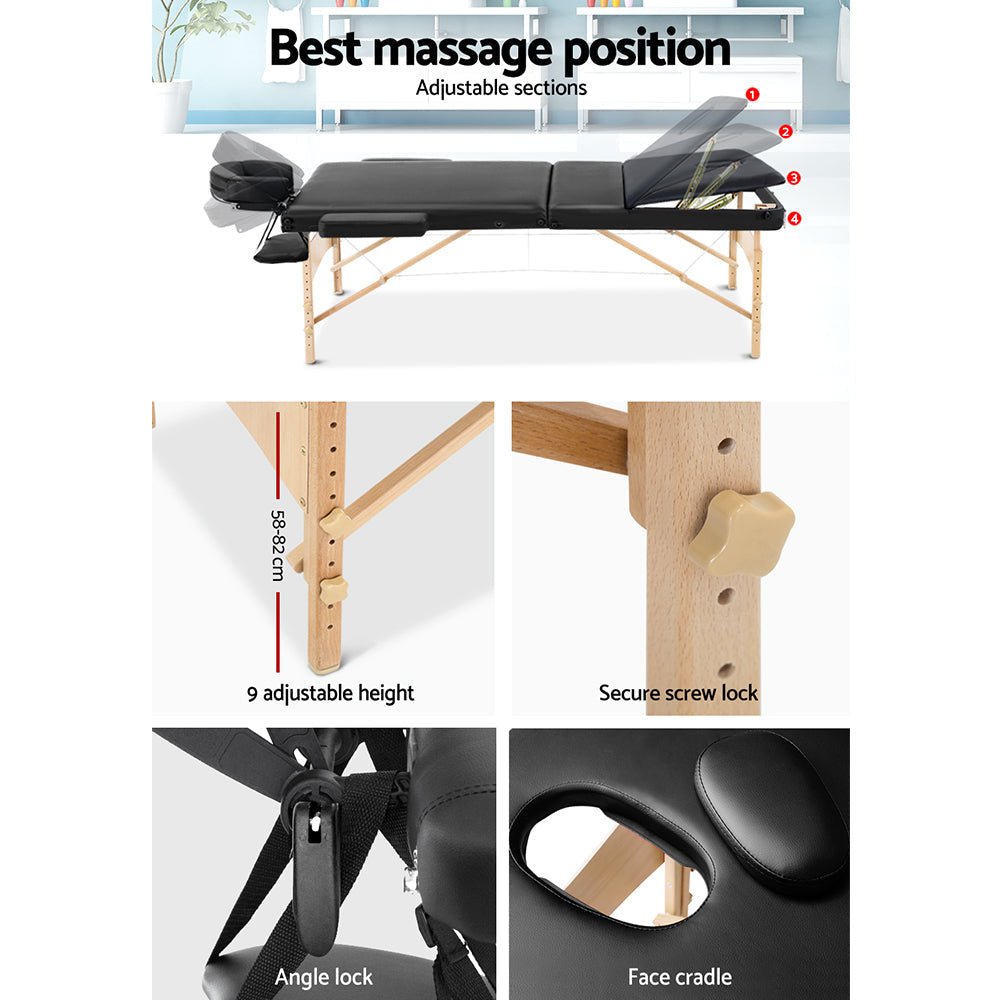 Zenses 60cm Wide Portable Wooden Massage Table 3 Fold Treatment Beauty Therapy Black-4