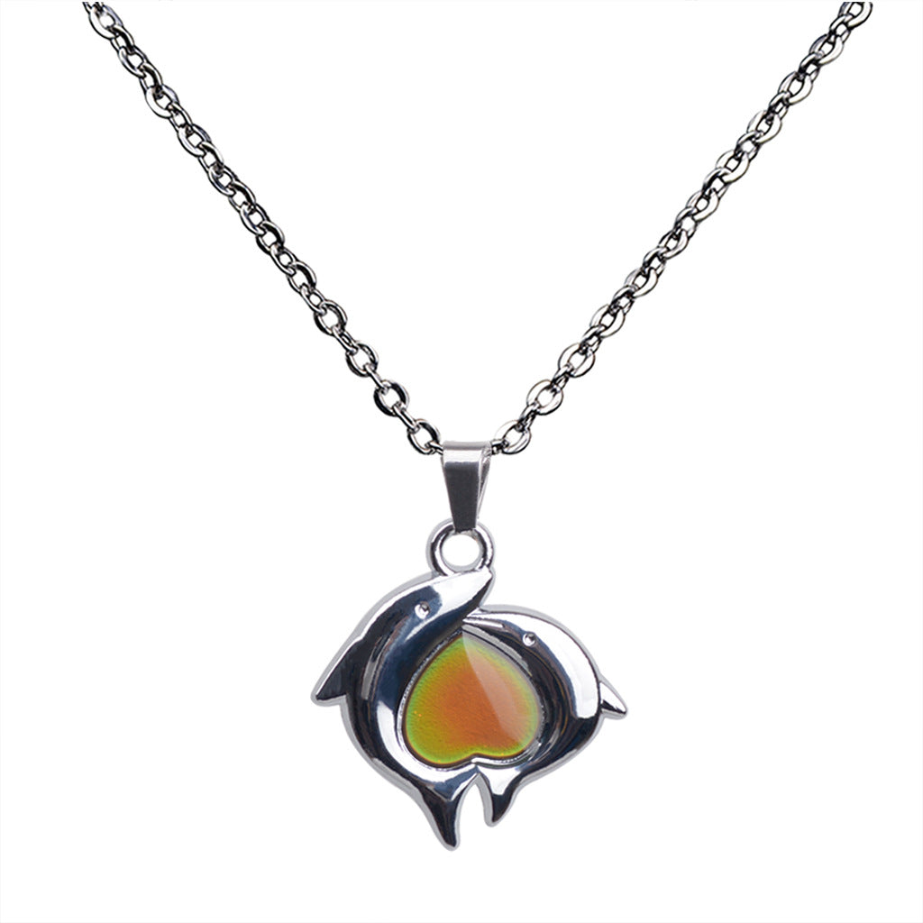 Double Dolphin Heart-shaped Warm Mood Color-changing Pendant Necklace