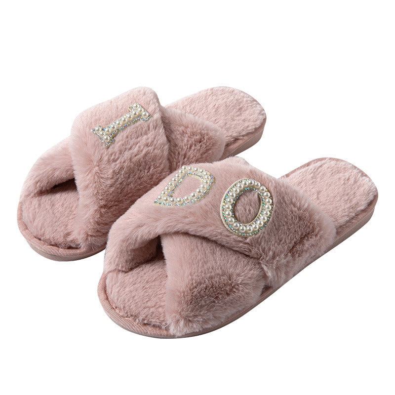 I Do Pearl Letter Cross Toe Plush Slippers