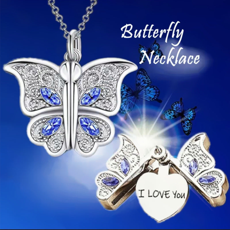 Romantic Butterfly Locket Necklace Openable I Love You Heart Pendant Statement Necklaces For Women Girls