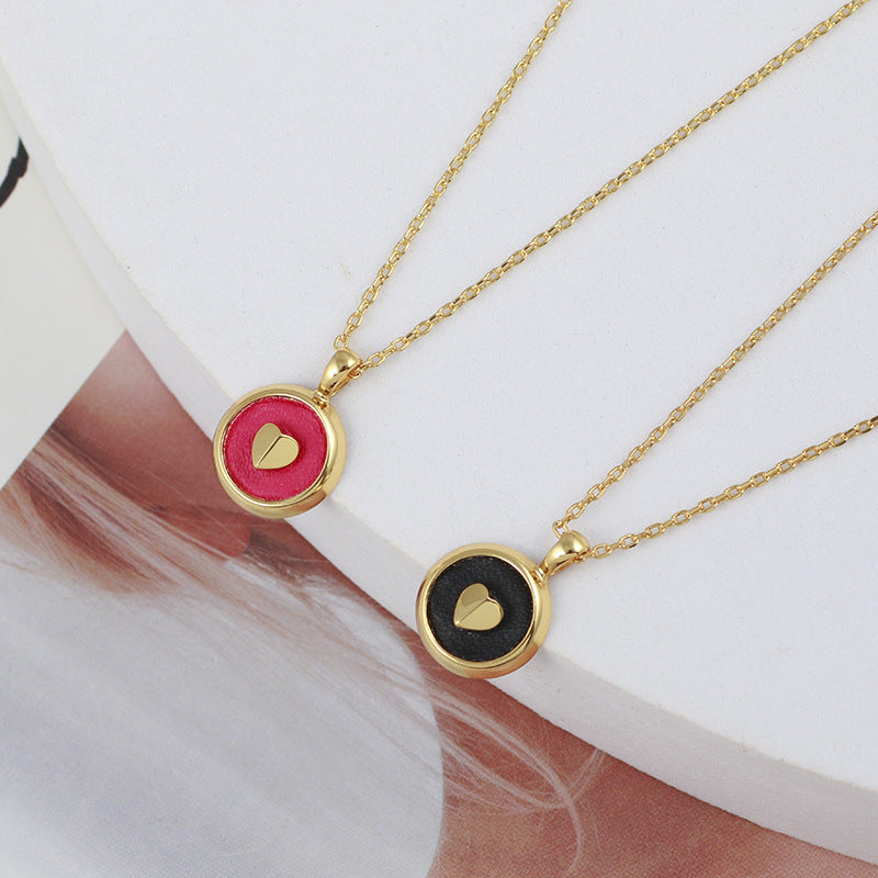 Simple Leather Round Pendant Gold Plated Heart Necklace