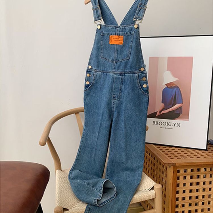 Blue Denim Suspender Pants Women's High Waist Loose