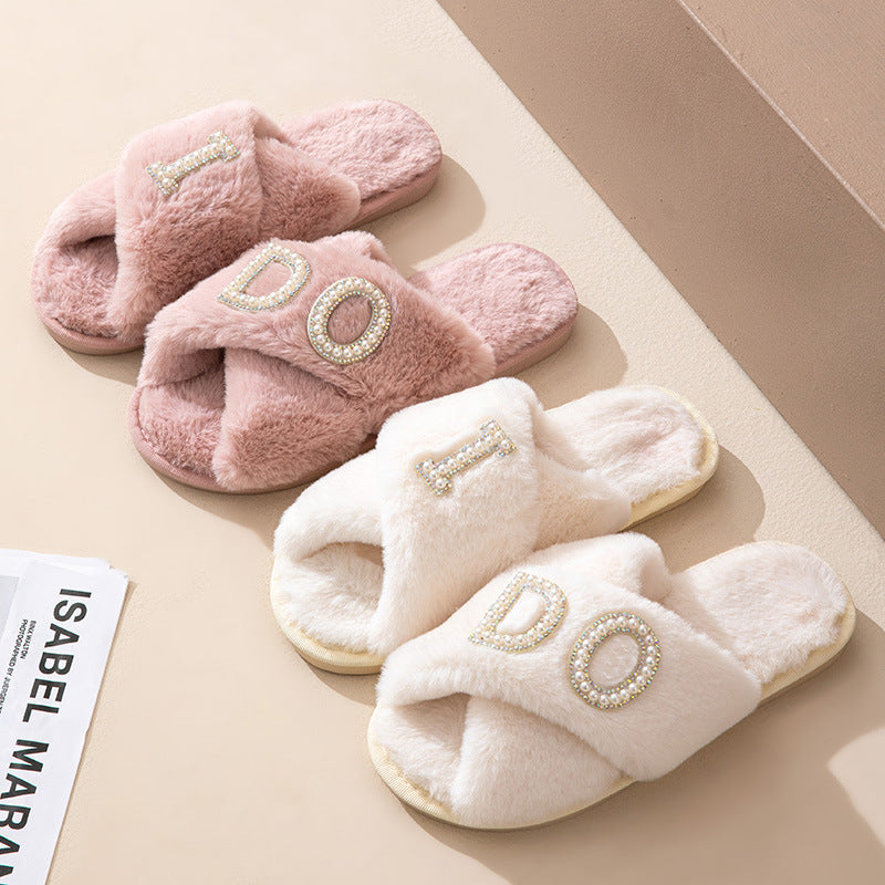 I Do Pearl Letter Cross Toe Plush Slippers