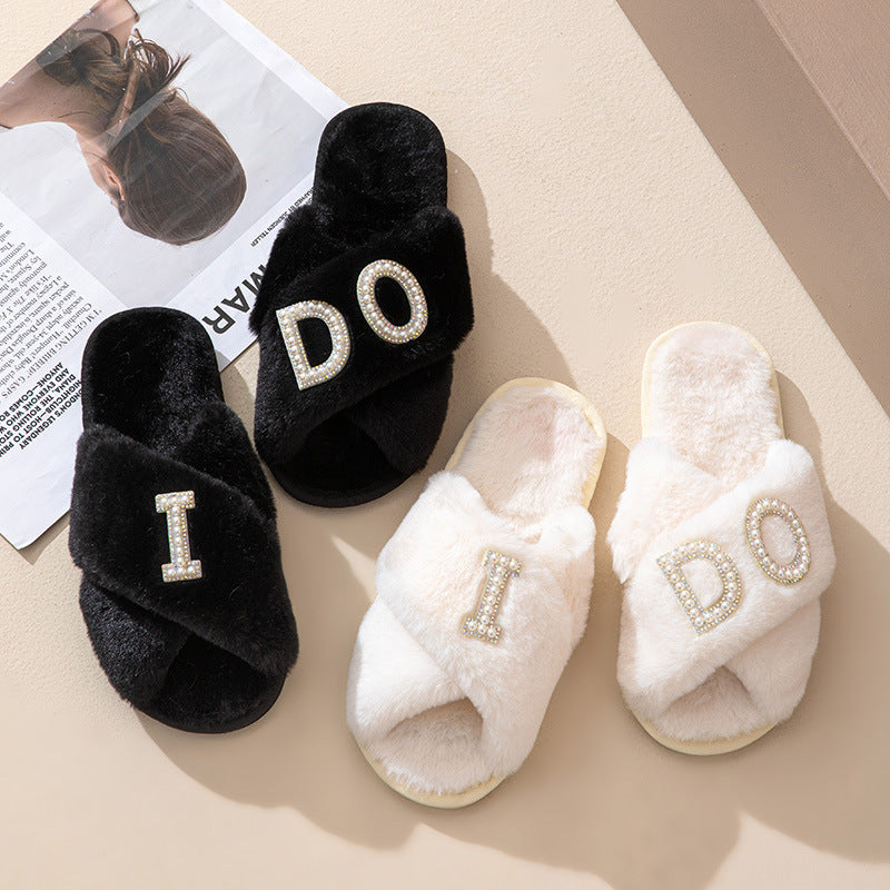 I Do Pearl Letter Cross Toe Plush Slippers