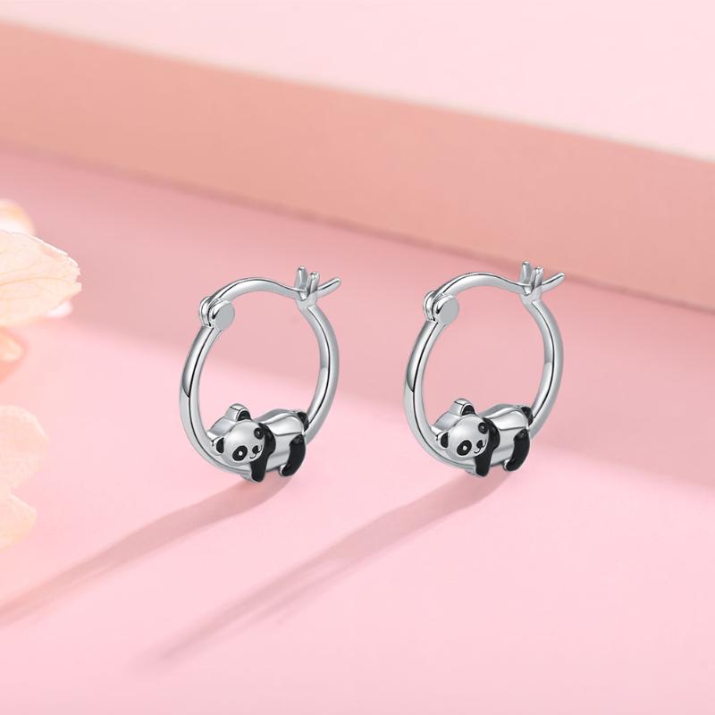 Sterling Silver Panda Small Animal Hug Hoop Earrings For Sensitive Ears Silver Earrings