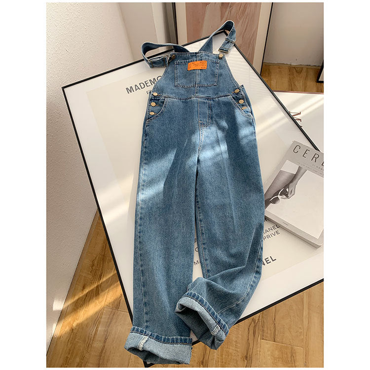 Blue Denim Suspender Pants Women's High Waist Loose