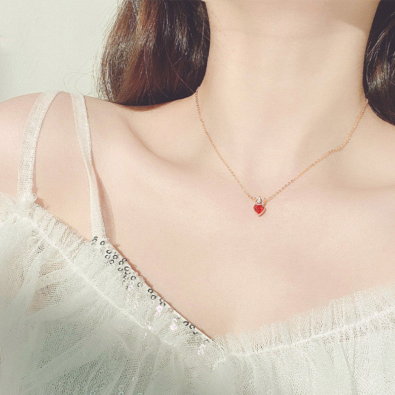 Female 925 Silver Small Red Heart Clavicle Chain Ins Wind Crystal Necklace