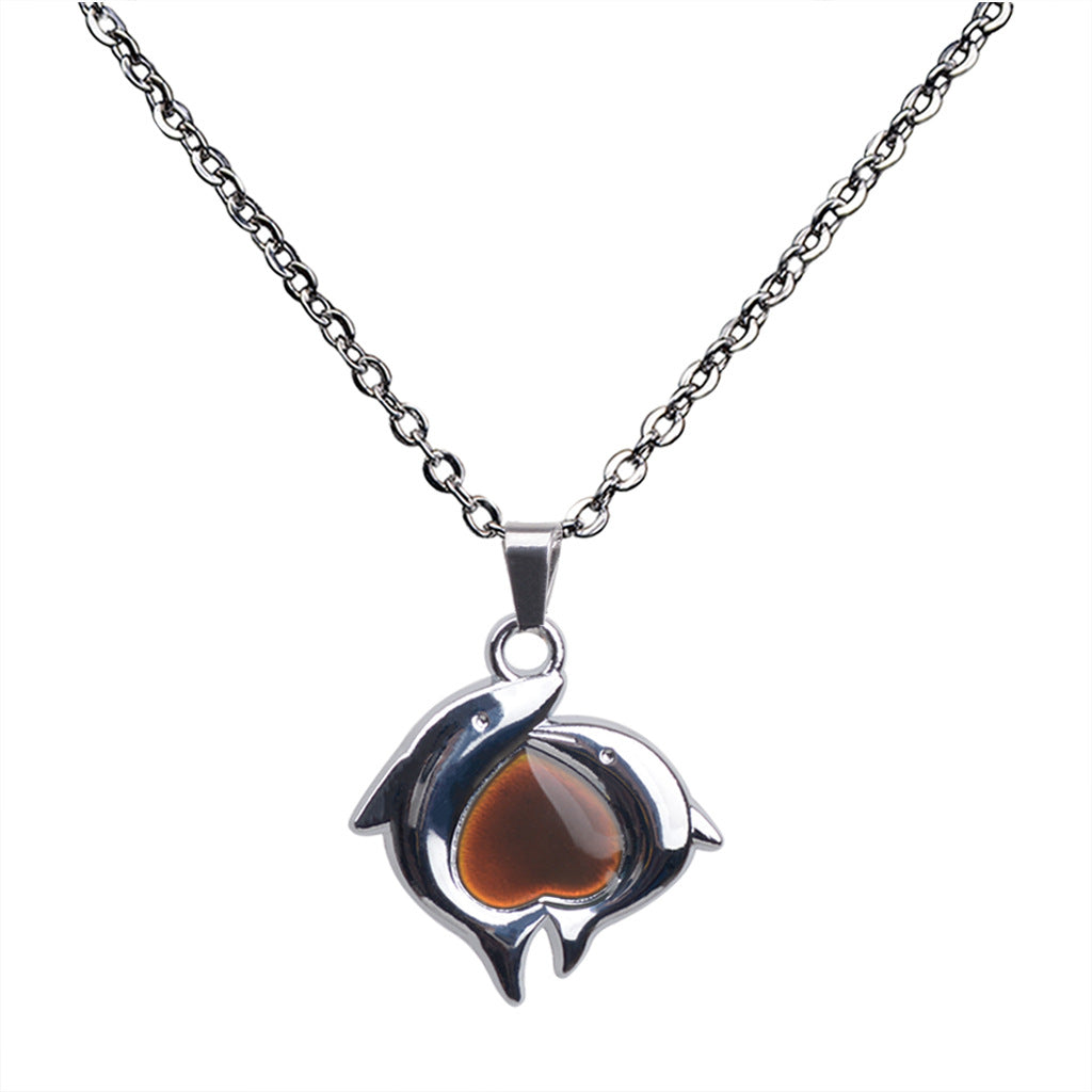 Double Dolphin Heart-shaped Warm Mood Color-changing Pendant Necklace