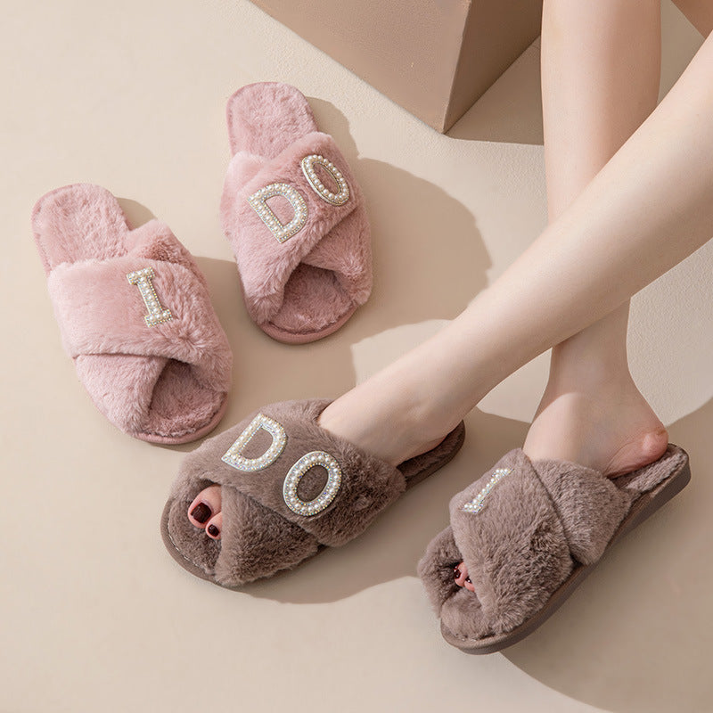 I Do Pearl Letter Cross Toe Plush Slippers