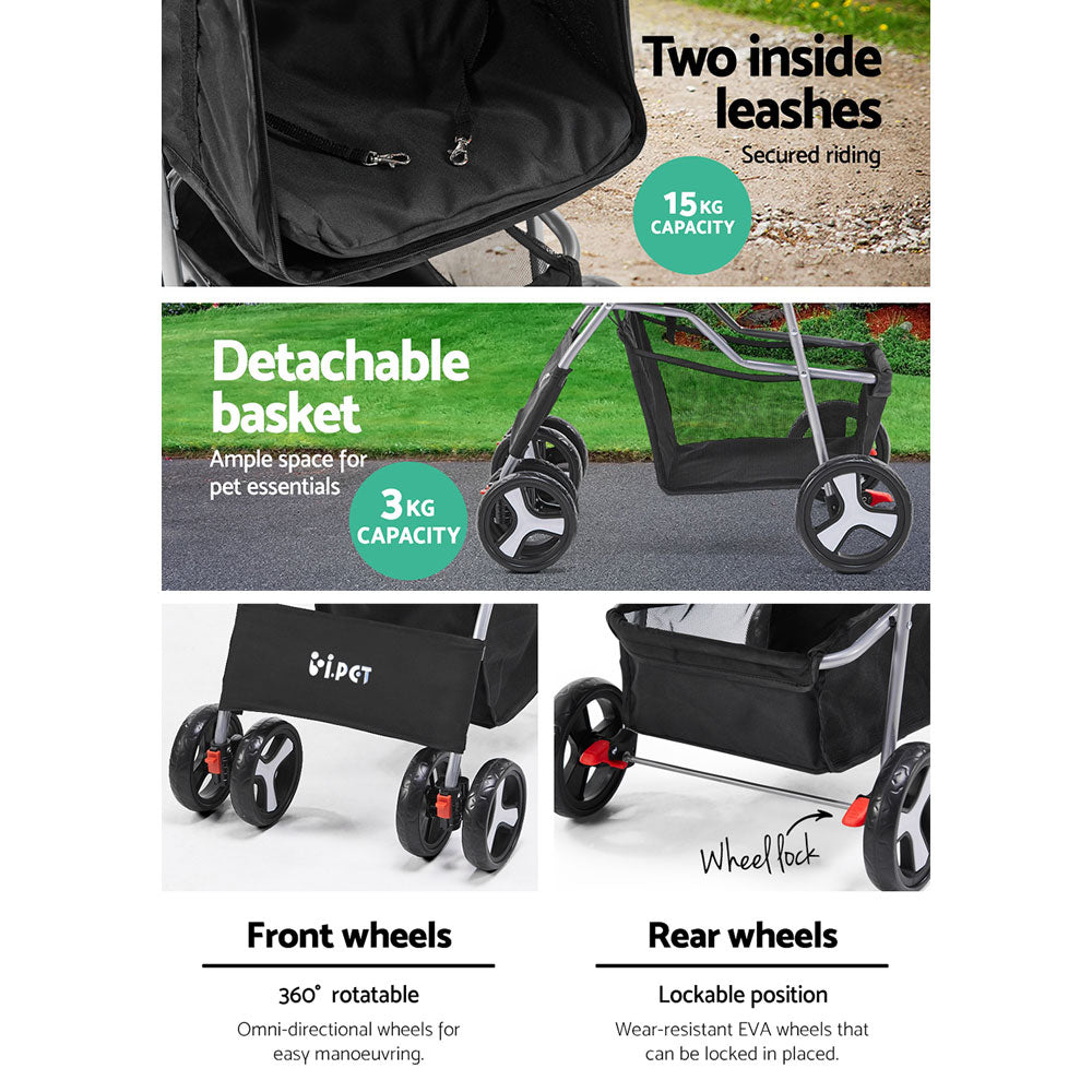 i.Pet 4 Wheel Pet Stroller - Black-5