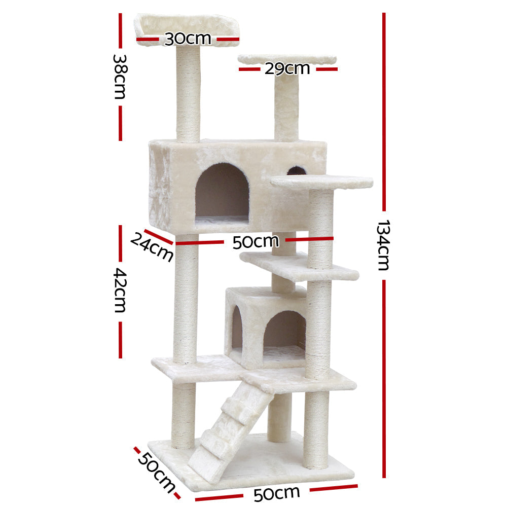 i.Pet Cat Tree 134cm Trees Scratching Post Scratcher Tower Condo House Furniture Wood Beige-1