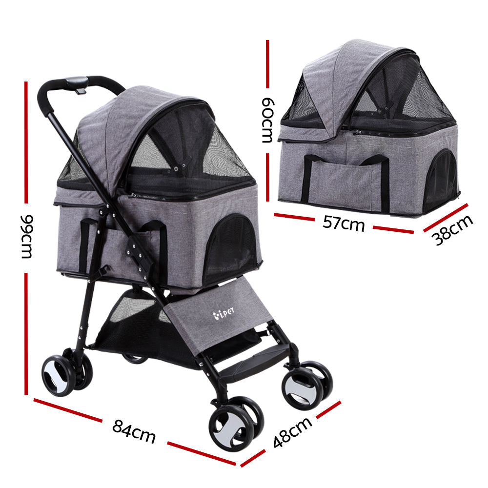 i.Pet Pet Stroller Dog Carrier Foldable Pram 3 IN 1 Middle Size Grey-1