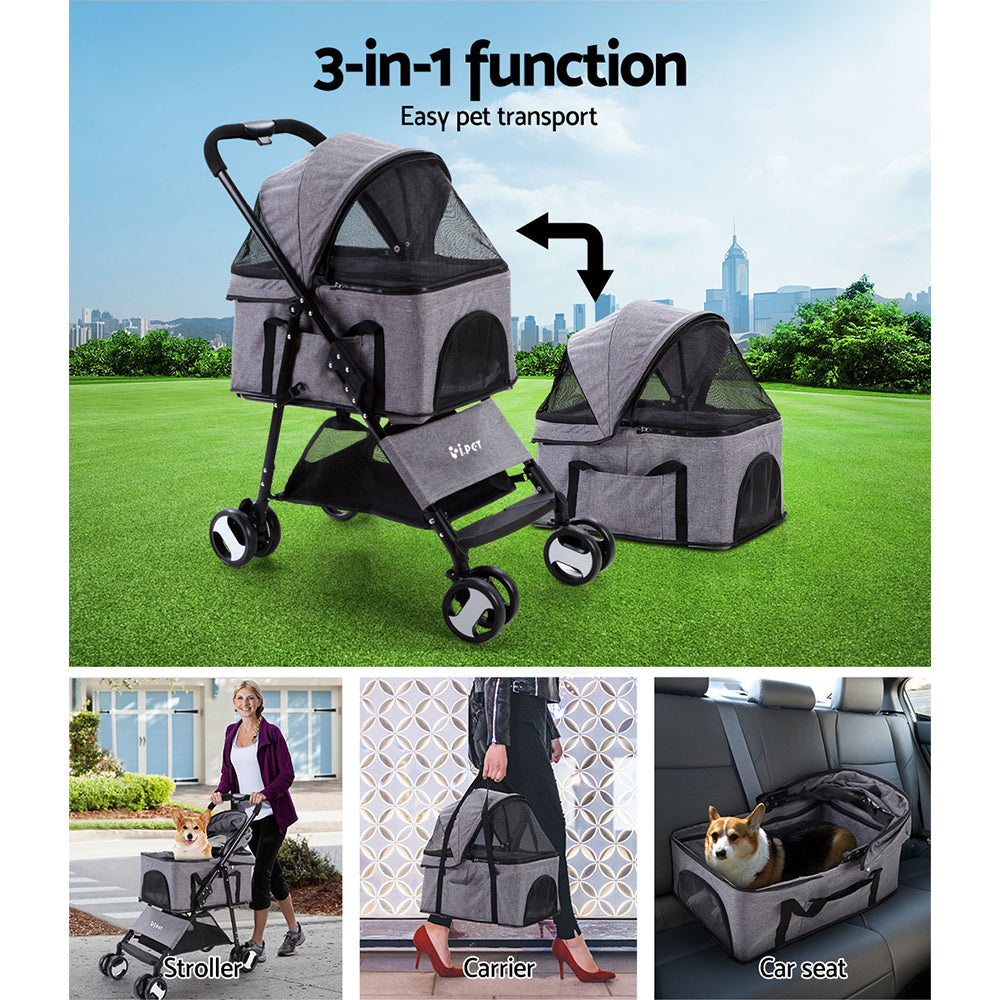 i.Pet Pet Stroller Dog Carrier Foldable Pram 3 IN 1 Middle Size Grey-3