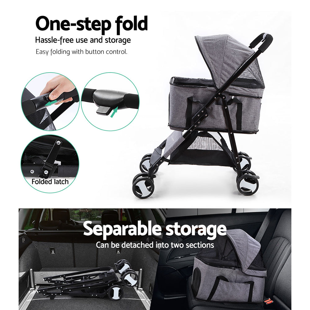 i.Pet Pet Stroller Dog Carrier Foldable Pram 3 IN 1 Middle Size Grey-4