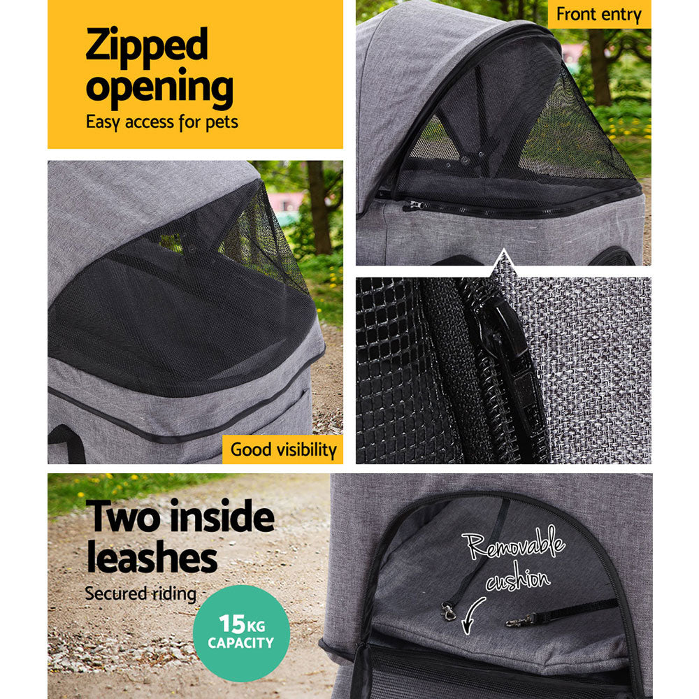 i.Pet Pet Stroller Dog Carrier Foldable Pram 3 IN 1 Middle Size Grey-5