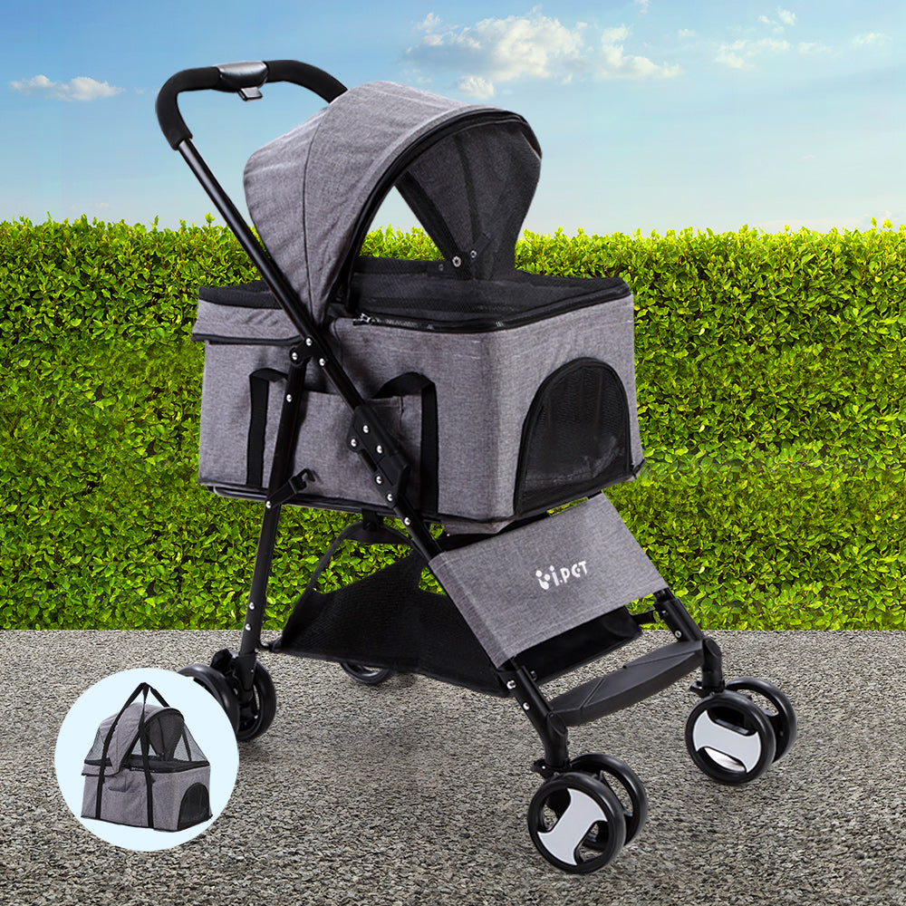 i.Pet Pet Stroller Dog Carrier Foldable Pram 3 IN 1 Middle Size Grey-7