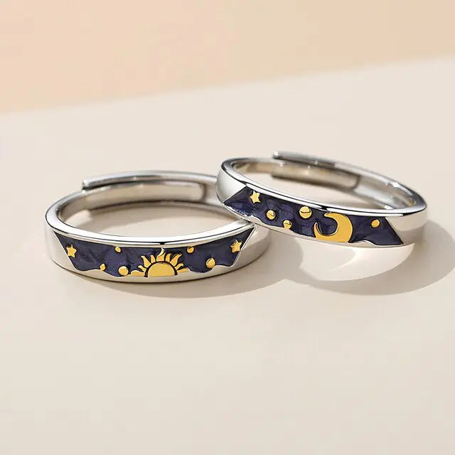 JWER Blue Drop Glaze Sun Moon Couple Rings