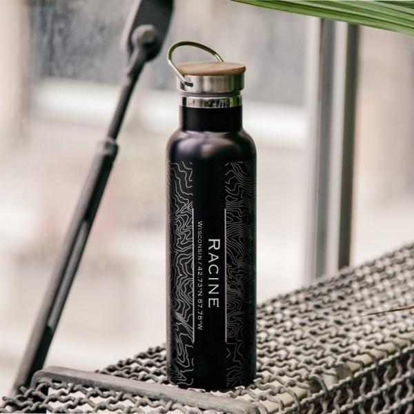 Racine - Wisconsin Map Bottle with Bamboo Top in Matte Black