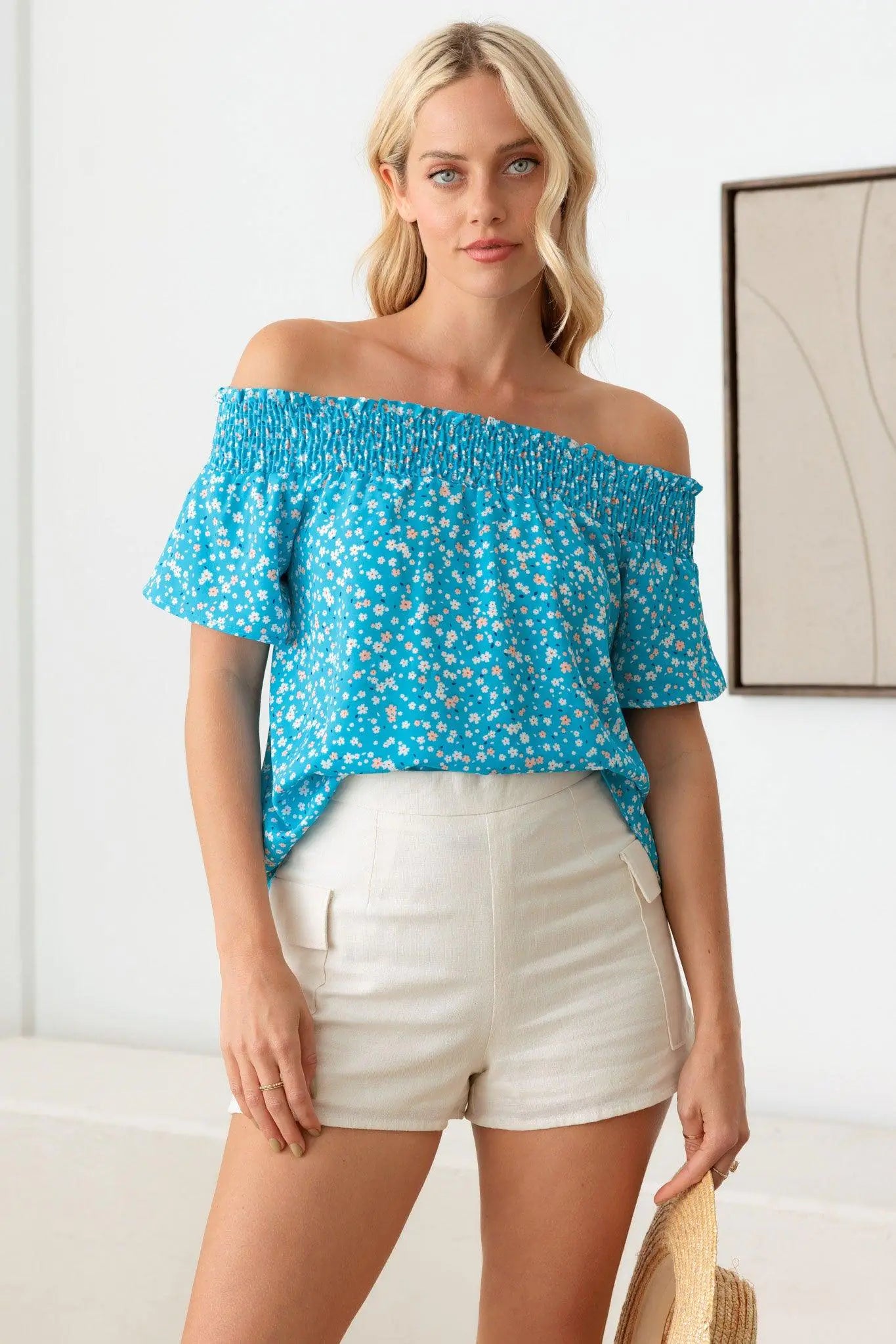 Off Shoulder Smocking Band Ditsy Print Top